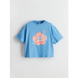 LCW Kids Mavi Bisiklet Yaka Çiçekli Penye Kız Çocuk Tişört