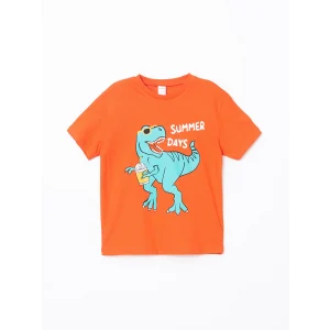 LCW Kids Turuncu Bisiklet Yaka Dinozor Baskılı Erkek Çocuk Tişört
