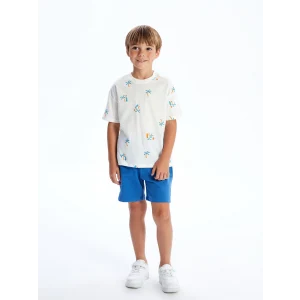 LCW Kids Ekru Bisiklet Yaka Desenli Penye Erkek Bebek Tişört