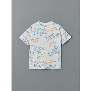 LCW Kids Beyaz Bisiklet Yaka Baskılı Erkek Çocuk Tişört