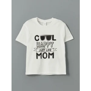 LCW Kids Ekru Bisiklet Yaka Baskılı Erkek Çocuk Tişört