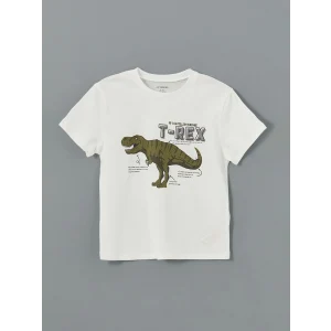 LCW Kids Ekru Bisiklet Yaka Dinozor Baskılı Erkek Çocuk Tişört