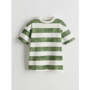 LCW Kids Yeşil Bisiklet Yaka Çizgili Penye Erkek Çocuk Tişört