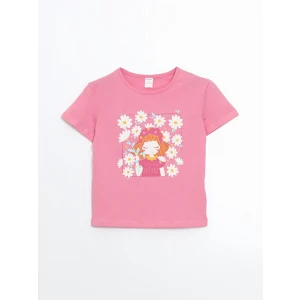 LCW Kids Pembe Bisiklet Yaka Baskılı Kız Çocuk Tişört