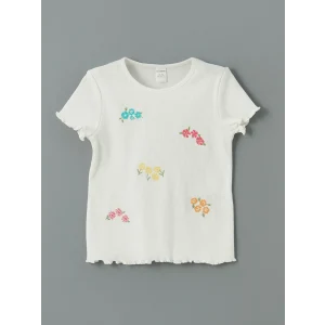 LCW Kids Beyaz Bisiklet Yaka Çiçekli Kız Çocuk Tişört