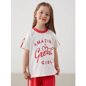 LCW Kids Ekru Bisiklet Yaka Yazı Baskılı Kız Çocuk Tişört