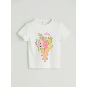 LCW Kids Ekru Bisiklet Yaka Baskılı Kız Çocuk Tişört