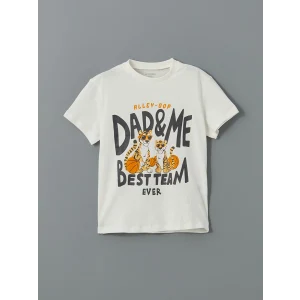 LCW Kids Ekru Bisiklet Yaka Baskılı Penye Erkek Çocuk Tişört