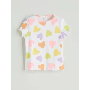 LCW Kids Ekru Kalp Baskılı Fırfırlı Kaşkorse Kız Çocuk Tişört