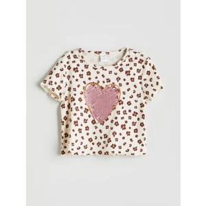 LCW Kids Ekru Bisiklet Yaka Baskılı Kız Çocuk Tişört