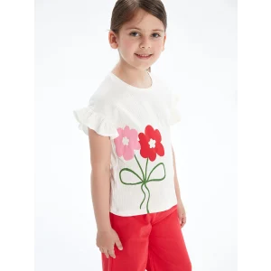 LCW Kids Beyaz Bisiklet Yaka Çiçekli Kız Çocuk Tişört
