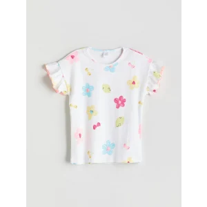 LCW Kids Beyaz Bisiklet Yaka Çiçekli Kız Çocuk Tişört