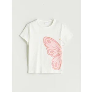 LCW Kids Ekru Bisiklet Yaka Baskılı Kız Çocuk Tişört