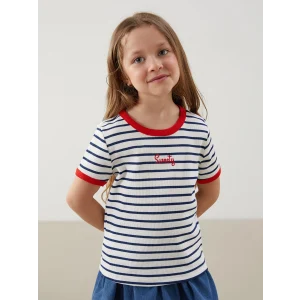 LCW Kids Lacivert Bisiklet Yaka Çizgili Kız Çocuk Tişört