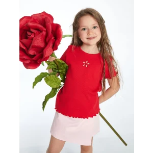 LCW Kids Kırmızı Bisiklet Yaka Çiçekli Kız Çocuk Tişört
