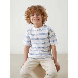 LCW Kids Ekru Bisiklet Yaka Çizgili Erkek Çocuk Tişört