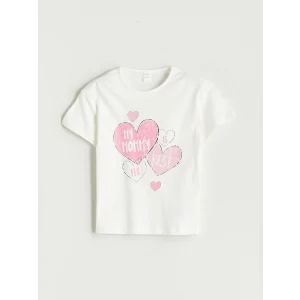LCW Kids Ekru Bisiklet Yaka Baskılı Kız Çocuk Tişört