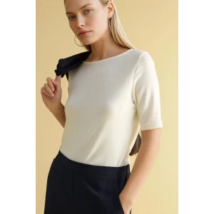 Defacto G9270AXER105 Ekru Regular Fıt Kayık Yaka Ribana Tişört