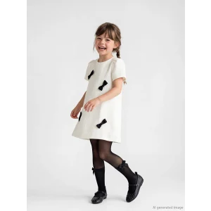 LCW Kids Ekru Bisiklet Yaka Fiyonklu Kız Çocuk Tüvit Elbise