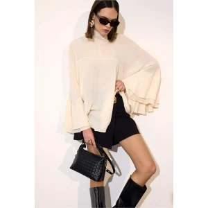 Defacto G8612AXER83 Ekru Fashıon Fıt Dik Yaka Krep Uzun Kollu Bluz