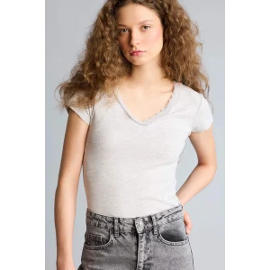 Defacto H1786AXGR256 Gri Fıtted Dantel Yaka Ribana Tişört