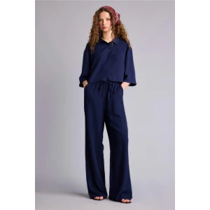 Defacto F5024AXNV31 Lacivert Wıde Leg Cepli Yüksek Bel Standart Boy Keten Karışımlı Pantolon