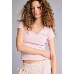 Defacto H1786AXPN688 Pembe Fıtted Dantel Yaka Ribana Kısa Kollu Tişört