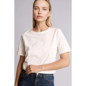 Defacto G2878AXER105 Ekru Regular Fıt Bisiklet Yaka Nakış Baskı Çiçekli Penye Kısa Kollu Tişört