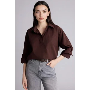 Defacto G9803AXBN267 Kahve Oversıze Gömlek Yaka Poplin Uzun Kollu Gömlek