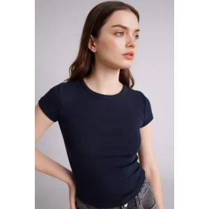 Defacto E0288AXNV146 Lacivert Fıtted Bisiklet Yaka Ribana Kısa Kollu Tişört