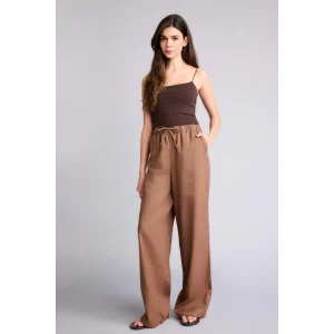 Defacto E1981AXBN534 Kahve Wıde Leg Çift Cepli Beli Lastikli Standart Boy Keten Karışımlı Pantolon