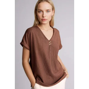 Defacto H1173AXBN320 Kahve Regular Fıt V Yaka Bürümcük Kısa Kollu Tişört
