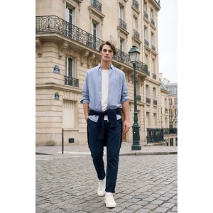 Defacto F9322AXBE753 Mavi Keten Karışımlı Gömlek