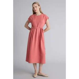 Defacto H0073AXBR268 Bordo Yuvarlak Yaka Keten Karışımlı Kısa Kollu Elbise