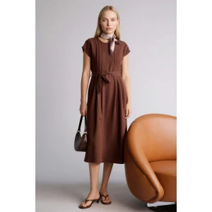 Defacto H0073AXBN330 Kahve Yuvarlak Yaka Keten Karışımlı Kısa Kollu Elbise