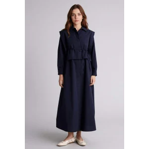 Defacto F7382AXNV243 Lacivert Hakim Yaka Poplin Uzun Kollu Elbise