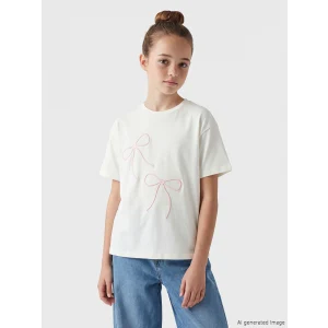 LCW Kids Ekru Bisiklet Yaka Fiyonk Nakışlı Kız Çocuk Tişört