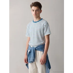 LCW Kids Lacivert Bisiklet Yaka Çizgili Erkek Çocuk Tişört