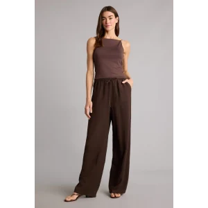 Defacto F5024AXBN528 Kahve Wıde Leg Cepli Yüksek Bel Standart Boy Keten Karışımlı Pantolon