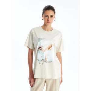 LCW Vision Bej Bisiklet Yaka Baskılı Kısa Kollu Kadın Tişört