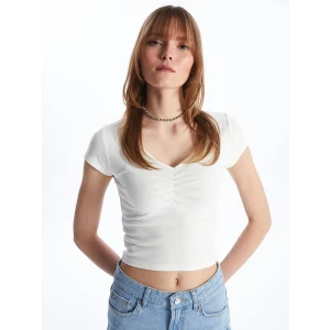 XSIDE Ekru V Yaka Düz Kısa Kollu Crop Kadın Bluz