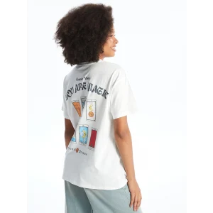 XSIDE Ekru Bisiklet Yaka Baskılı Kısa Kollu Kadın Tişört