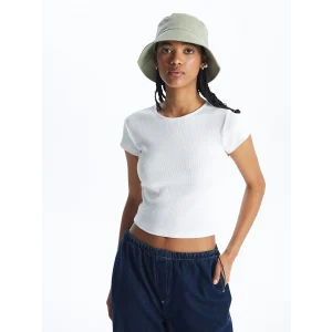 XSIDE Beyaz Bisiklet Yaka Düz Kısa Kollu Kadın Crop Tişört