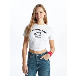 XSIDE Ekru Bisiklet Yaka Baskılı Kısa Kollu Kadın Tişört