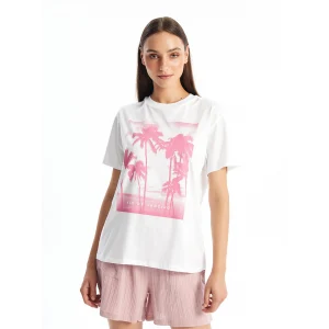 LCW Vision Beyaz Bisiklet Yaka Baskılı Kısa Kollu Kadın Tişört