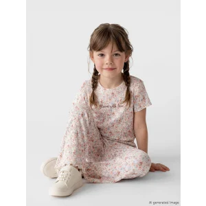 LCW Kids Ekru Çiçek Desenli Kız Çocuk Fitilli Tişört