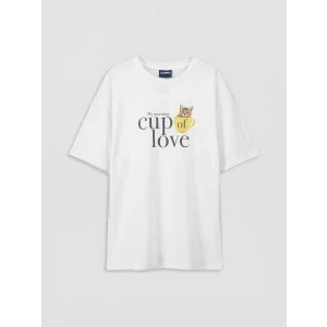 LCW Kids Beyaz Bisiklet Yaka Baskılı Kız Çocuk Tişört