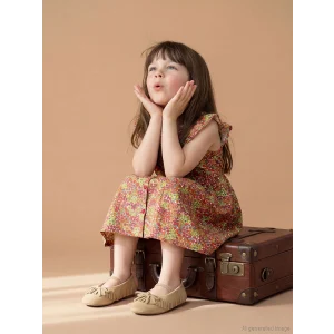 LCW Kids Ekru Fırfırlı Çiçek Desenli Kız Çocuk Elbise