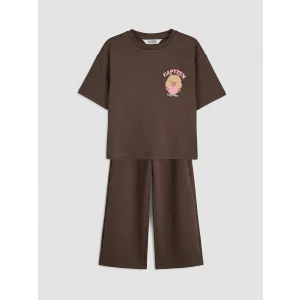 LCW Kids Kahverengi Capyfun Baskılı Kız Çocuk Tişört ve Eşofman Alt