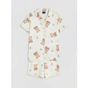 LCW Kids Ekru Gömlek Yaka Baskılı Kız Çocuk Şortlu Pijama Takım